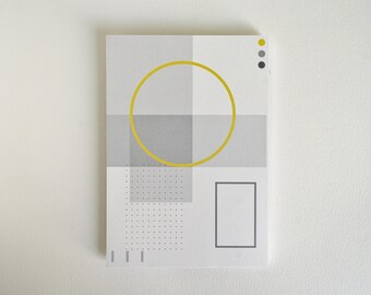 May include: A gray and white geometric pattern with a yellow circle and a small rectangle. The pattern includes a grid of squares, a dotted pattern, and three vertical lines.