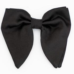 May include: A black satin bow tie with pointed ends.