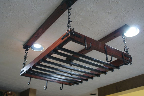 A Uniquely Hand Crafted Ceiling Mounted Pot Rack Made With Reclaimed Wood And Love