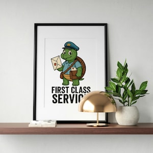 May include: Framed print featuring a cartoon turtle dressed as a mail carrier, holding a letter. The turtle wears a blue hat and shirt, with a brown satchel. The text "FIRST CLASS SERVICE" is below the turtle.