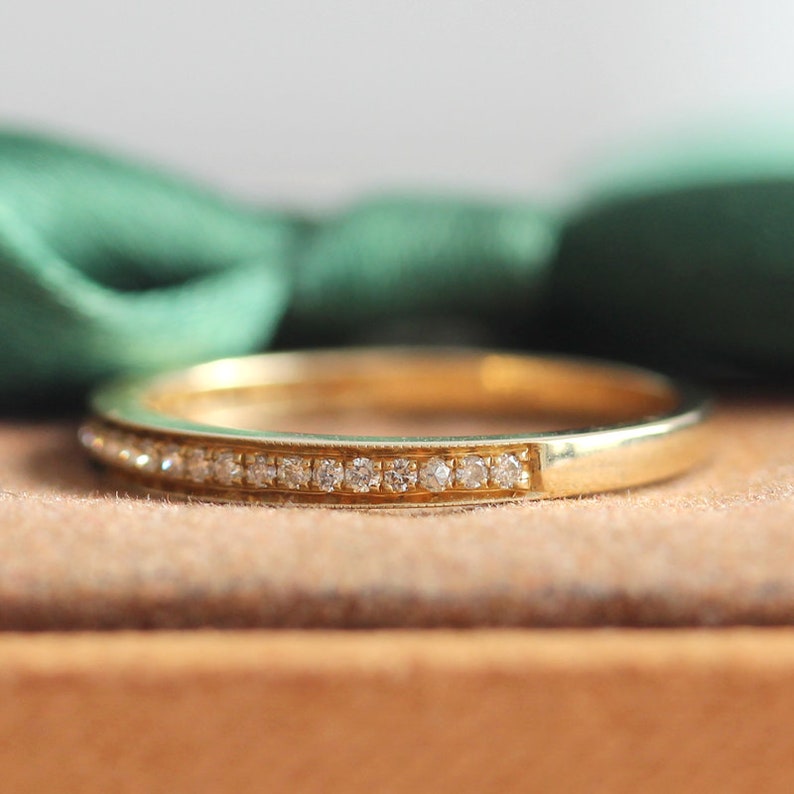 Wedding Ring Band Solid 14K Yellow Gold Ring Diamond Band Half Eternity Diamond Ring Stackable Match Ring Bridal Band Elegant