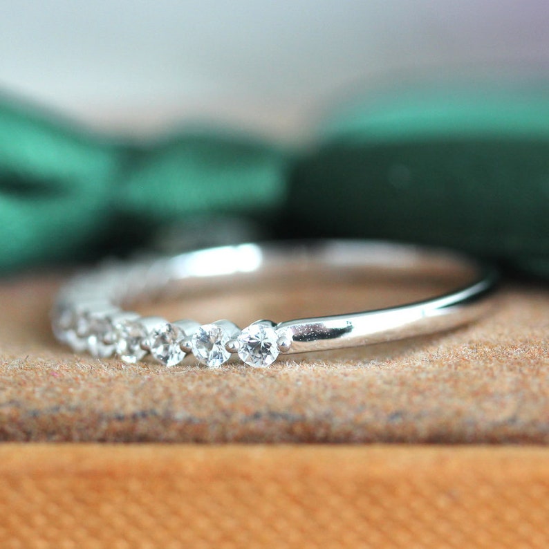 Wedding Ring Band Natural White Sapphire Ring Solid 14K White Gold Ring Half Eternity Ring Match Ring Bridal Band Elegant Band