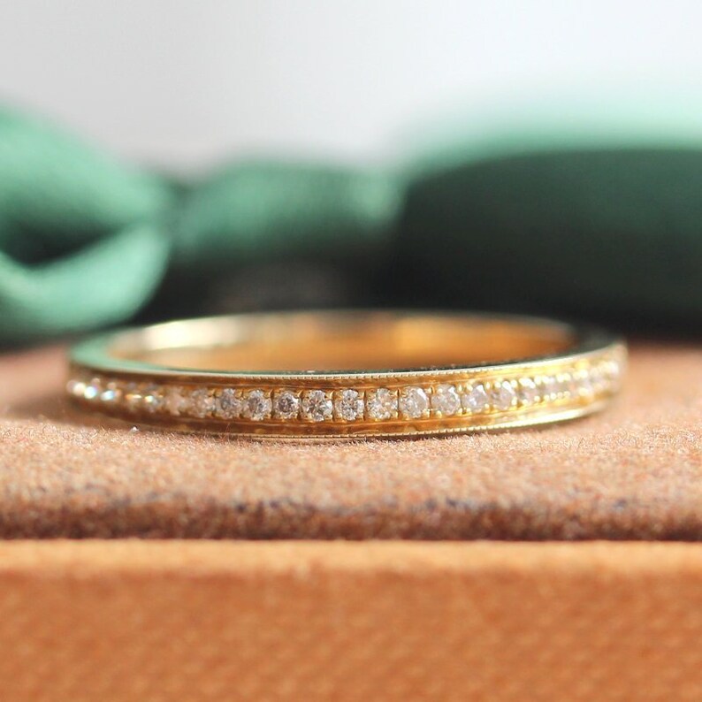 Wedding Ring Band Solid 14K Yellow Gold Ring Diamond Band Half Eternity Diamond Ring Stackable Match Ring Bridal Band Elegant