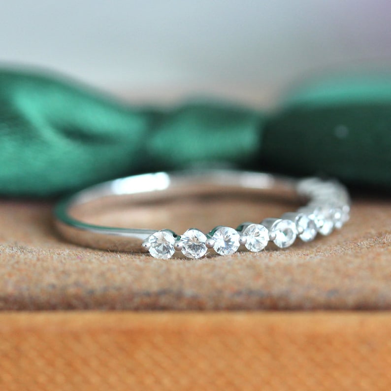 Wedding Ring Band Natural White Sapphire Ring Solid 14K White Gold Ring Half Eternity Ring Match Ring Bridal Band Elegant Band