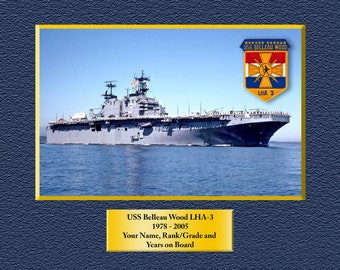 May include: A photograph of the USS Belleau Wood LHA-3, a United States Navy amphibious assault ship. The ship is in the water with a blue sky in the background. The ship's name and hull number are visible on the side of the ship. The ship's crest is visible in the upper right corner of the image.