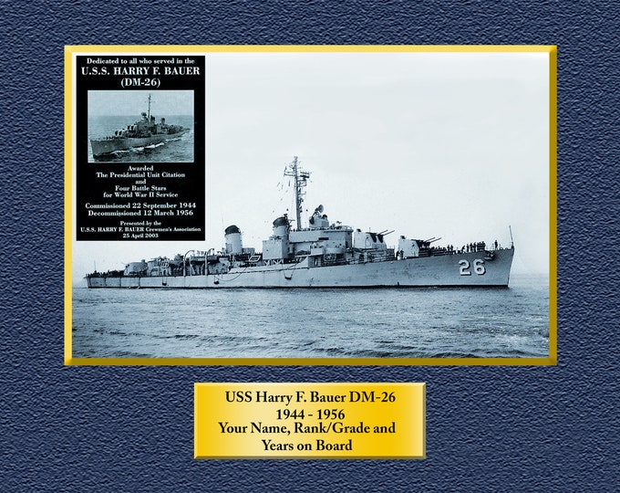USS Harry F. Bauer DM26 Custom Personalized 8.5 X 11 Print of US Navy Ships Unique Gift Idea for any Occasions