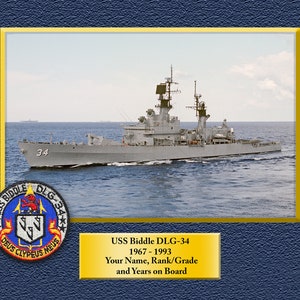 May include: A framed photograph of the USS Biddle DLG-34, a guided missile cruiser, sailing on the ocean. The ship is gray and has the number 34 on the side. The ship's crest is visible in the lower left corner of the image. The text "USS Biddle DLG-34 1967-1993 Your Name, Rank/Grade and Years on Board" is visible below the image.
