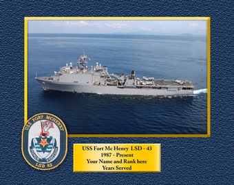 May include: A photograph of the USS Fort McHenry, a United States Navy dock landing ship (LSD-43). The ship is in the water with a blue sky and white clouds in the background. The ship's name and number are visible on the side of the ship. The ship's crest is visible in the lower left corner of the image. The text "USS Fort Mc Henry LSD - 43", "1987 - Present", "Your Name and Rank here", and "Years Served" is visible in the lower right corner of the image.