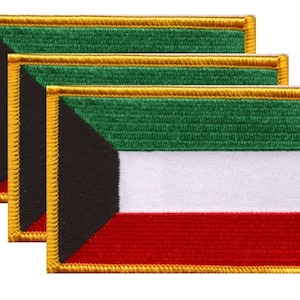 Pack of 3 Kuwait Patches 3.50" x 2.25", Three International Embroidered Iron On or Sew On Flag Patch Emblems