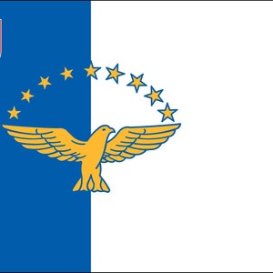May include: The flag of the Azores, a Portuguese autonomous region, features a blue and white vertical bicolor. The blue side displays a coat of arms and a ring of nine gold stars. A gold eagle with outstretched wings is centered.