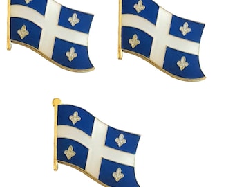 May include: Three enamel pins featuring the flag of Quebec. Each pin has a blue background with a white cross and four fleur-de-lis. The pins have a gold-colored border and flagpole.