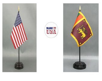 Made in The USA. 1 American and 1 Sri Lanka 4"x6" Miniature Desk & Table Flag, Includes 2 Flag Stands and 2 Small Mini Stick Flags