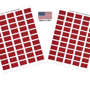 May include: Two sheets of Morocco flag stickers with a red background and a green emblem. The stickers are rectangular and arranged in rows. An American flag and the text "Made in USA" are also visible.