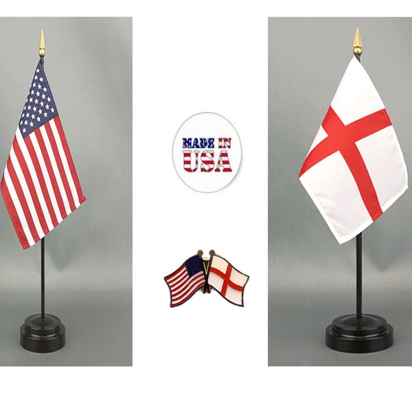 Made in The USA. 1 American and 1 England St. George 4"x6" Miniature Desk & Table Flag, Includes 2 Flag Stands and 2 Small Mini Stick Flags