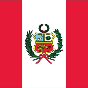 May include: The flag of Peru, a vertical tricolor with red side bands and a central white band. The Peruvian coat of arms is centered on the white band, featuring a shield with a vicuña, cinchona tree, and cornucopia.