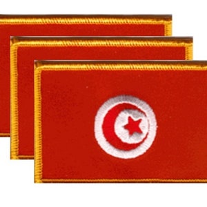 May include: Three rectangular patches featuring the flag of Tunisia. Each patch has a red background with a white circle containing a red crescent and star. The patches are bordered with gold trim.