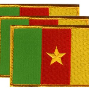 May include: Three rectangular embroidered patches featuring the flag of Cameroon. The flag design includes vertical green, red, and yellow stripes, with a gold star in the red stripe. Each patch has a gold border.