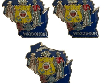 Pack of 3 Wisconsin State Map Flag Lapel Pin Badges; Three Patriotic State Hat Map Lapel Pins