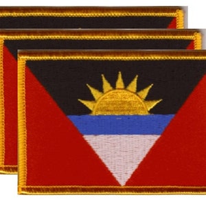 May include: Three embroidered patches featuring the flag of Antigua and Barbuda. Each patch has a black top, a red lower section, and a white triangle. The flag also includes a blue stripe, a gold sun, and a gold border.