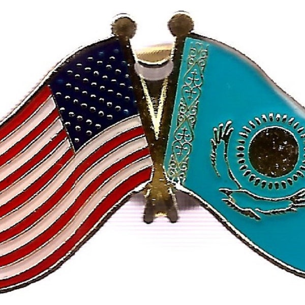 Pack of 3 Kazakhstan and USA Crossed Double Flag Lapel Pins, International Friendship Enamel Tie and Hat Badges