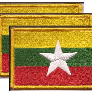 Pack of 3 Myanmar Patches 3.50" x 2.25", Three International Embroidered Iron On or Sew On Flag Patch Emblems