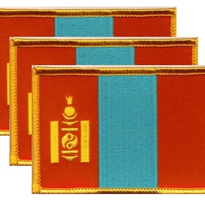 May include: Three embroidered patches featuring the flag of Mongolia. Each patch has a red background with a vertical blue stripe on the left side. The Mongolian Soyombo symbol is in yellow on the left. The patches are rectangular with gold trim.