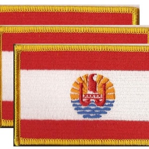 May include: Three embroidered patches featuring the flag of French Polynesia. Each rectangular patch has a red and white striped background, a central emblem, and a gold border. The emblem includes a sun, a boat, and waves.