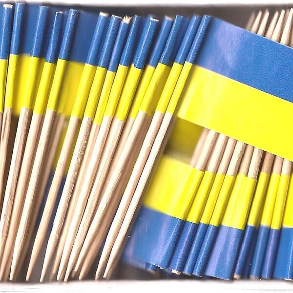 100 Ukraine Cupcake Toothpick Flags, 100 Small Mini Ukrainian Flag Cupcake Toothpicks or Cocktail Picks