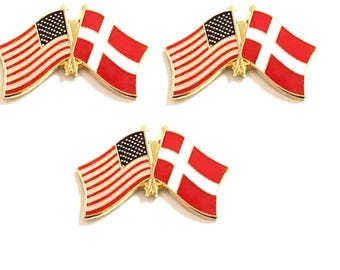 Denmark and USA Crossed Double Flag Lapel Pins, Pack of 3