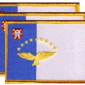May include: Three embroidered patches featuring the flag of the Azores, Portugal. Each patch has a blue vertical stripe, a white field, and a gold border. The design includes a shield, stars, and a golden bird.
