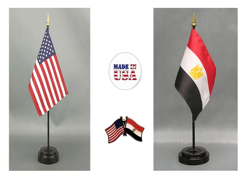 Made in The USA 1 American and 1 Egypt 4x6 Miniature Desk /& Table Flag Includes 2 Flag Stands and 2 Small Mini Stick Flags
