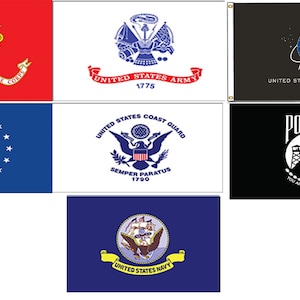 May include: Flags featuring the emblems of the United States Marine Corps, Army, Space Force, Air Force, Coast Guard, Navy, and a POW/MIA flag. Each flag displays a unique design and text, representing different branches and causes.