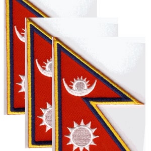 May include: Three embroidered patches featuring the flag of Nepal. Each patch has a red background with a yellow and blue border. The flag design includes a white crescent moon, sun, and sun with a face.