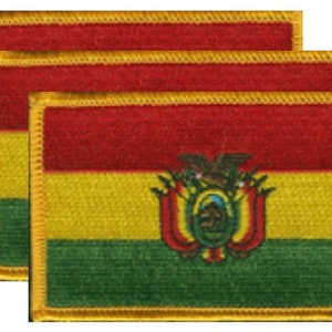 May include: Three rectangular patches featuring the Bolivian flag. The flag design includes horizontal stripes of red, yellow, and green, with the Bolivian coat of arms in the center. Each patch has a gold border.