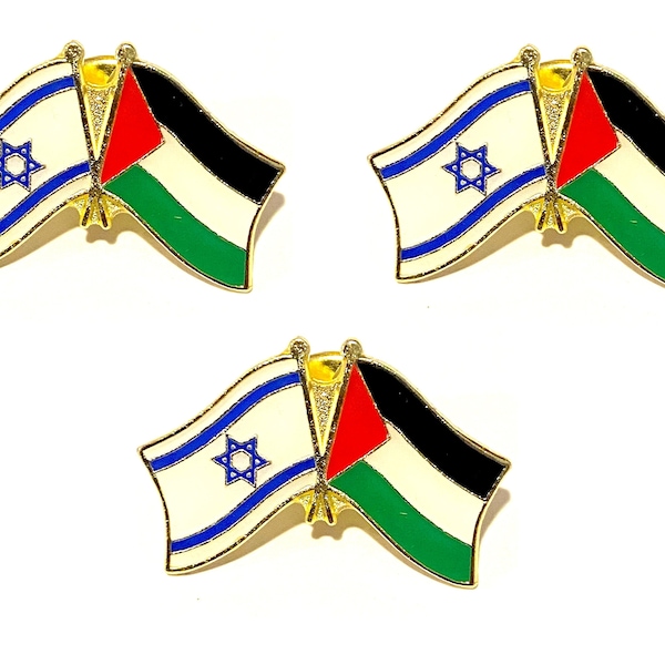 Pack of 3 Israel and Palestine Crossed Double Flag Lapel Pins, International Friendship Enamel Tie and Hat Badges