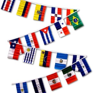 May include: A collection of colorful pennant flags representing various Latin American countries. The flags are strung together on white cords, with each flag displaying its unique design and colors. The flags are arranged in a festive display, perfect for celebrations.