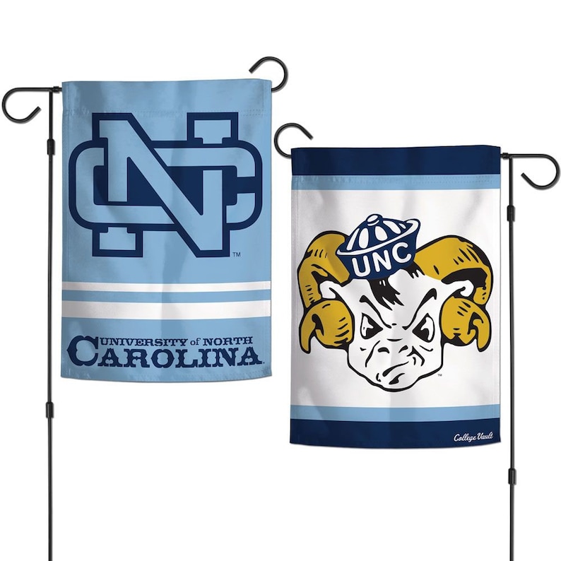 May include: Two garden flags featuring the University of North Carolina logo and mascot. One flag is light blue with the interlocking "NC" logo and "University of North Carolina" text. The other flag has the UNC ram mascot.
