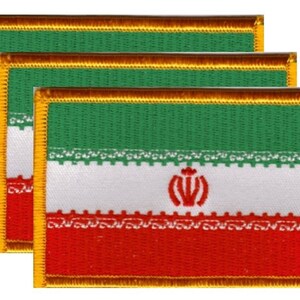 May include: Three rectangular patches featuring the Iranian flag. The flag design includes horizontal stripes of green, white, and red, with a central emblem and intricate border stitching. The patches have a gold border.