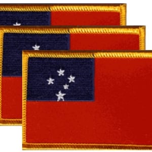 May include: Three embroidered patches featuring the flag of Samoa. Each patch has a red field with a blue canton displaying five white stars. The patches are rectangular with a gold border.