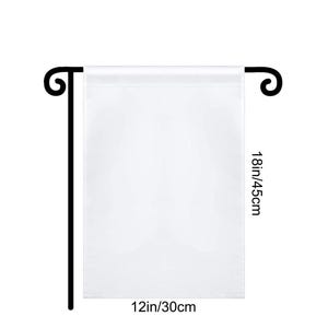 May include: A blank white garden flag, 12 inches wide and 18 inches tall, is displayed on a black metal stand. The stand has a simple, curved design at the top. The flag is ready for customization.