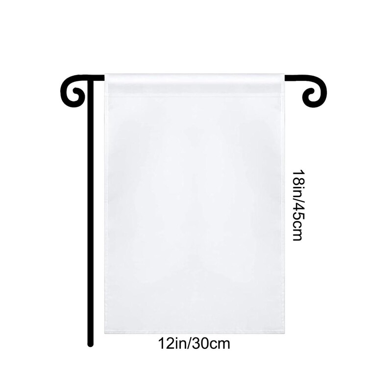 May include: A blank white garden flag, 12 inches wide and 18 inches tall, is displayed on a black metal stand. The stand has a simple, curved design at the top. The flag is ready for customization.