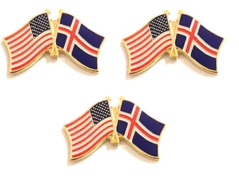 May include: Three gold-toned pins featuring the flags of the United States and Iceland. Each pin displays the American flag with red and white stripes and a field of stars, paired with the Icelandic flag's blue field and red cross.