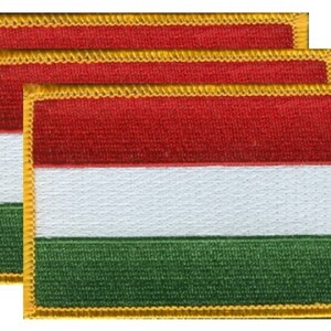 May include: Three rectangular patches featuring the flag of Hungary. Each patch has a red, white, and green horizontal stripe design with a gold border. The patches are embroidered.