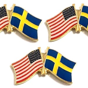 Pin de solapa con banderas cruzadas de Suecia y EE. UU., insignia de amistad internacional. imagen 1