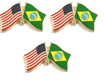 Brazil and USA Crossed Double Flag Lapel Pins, Pack of 3