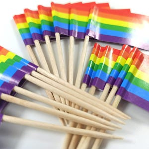 May include: A collection of small toothpick flags featuring horizontal stripes in red, orange, yellow, green, blue, and purple. Each flag is attached to a pointed wooden stick, arranged in a fan-like cluster against a plain background.