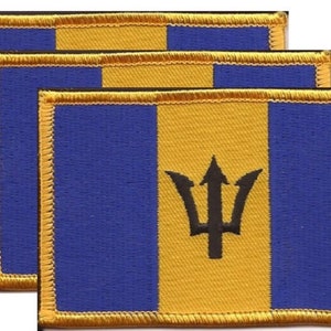 May include: Three embroidered patches featuring the flag of Barbados. Each patch has a blue and yellow design with a black trident in the center. The edges are trimmed with gold thread.
