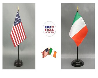 Made in The USA. 1 American and 1 Ireland 4"x6" Miniature Desk & Table Flag, Includes 2 Flag Stands and 2 Small Mini Stick Flags