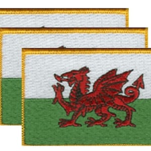 May include: Three embroidered patches featuring the Welsh flag. Each patch has a white and green background with a red dragon in the center. The patches have a gold border.