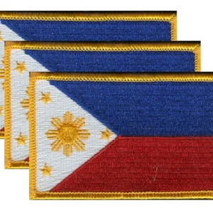 May include: Three embroidered patches featuring the flag of the Philippines. Each patch has a blue field at the top, a white triangle with a sun and stars, and a red field at the bottom. The patches are bordered with gold thread.